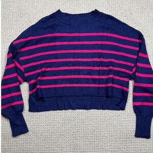 Merokeety Cropped Sweater Womens Size Medium Navy Stripes Oversized Pullover NWT